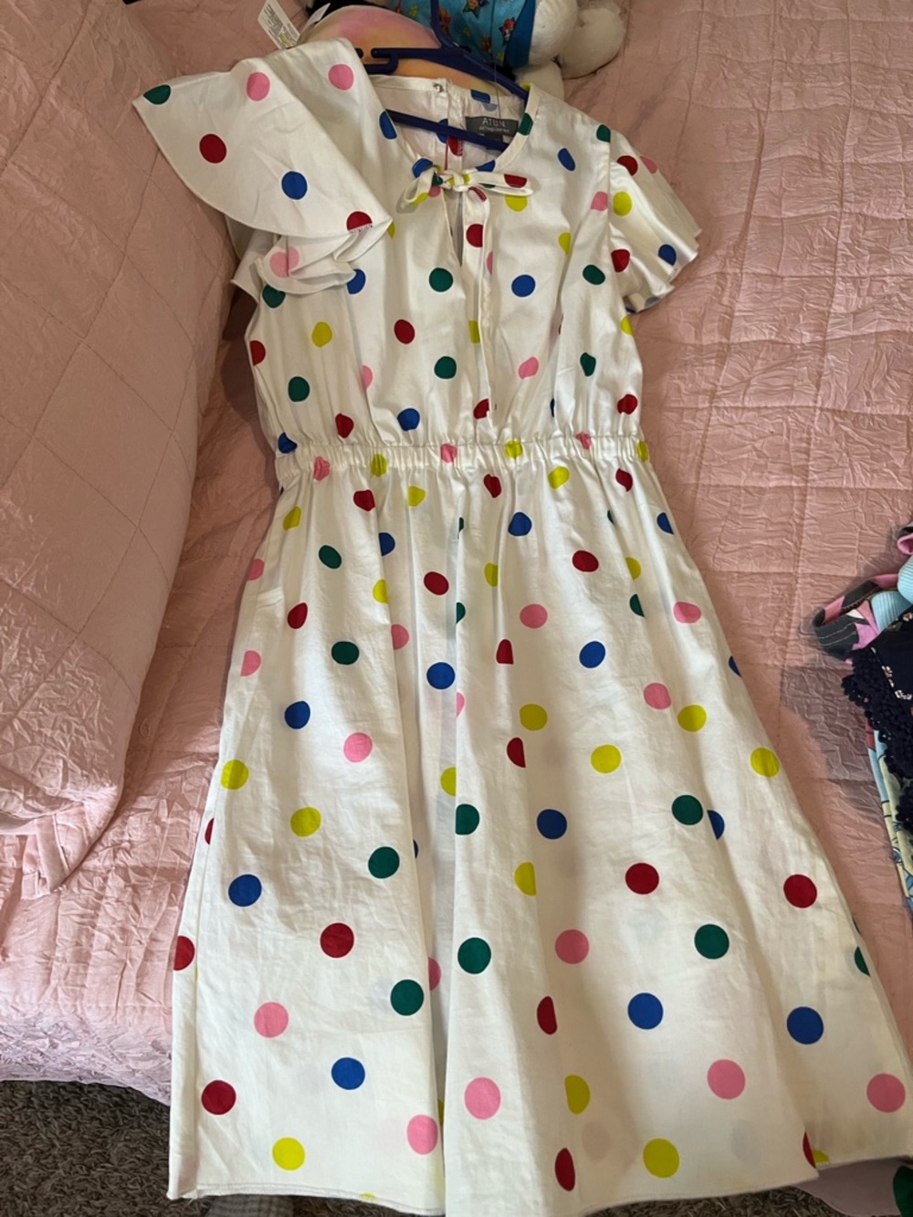 Girls' White Polka Dot Tie-Neck Casual Dress